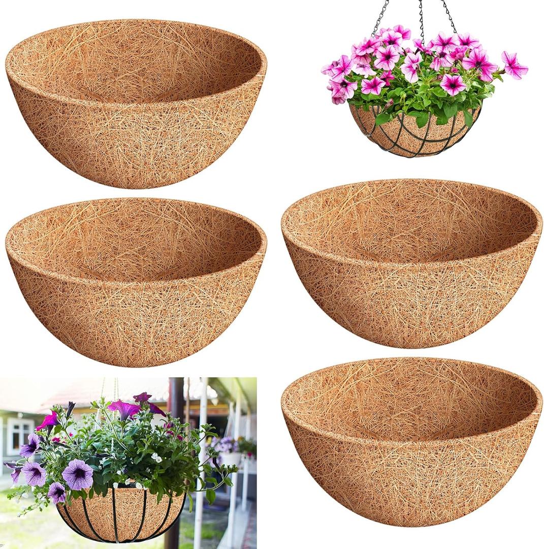 Riare 4 Pack 16 Inch Round Coco Liners Replacement, 100% Natural Coconut Coir Liners for Hanging Baskets, Garden Flower Vegetables Planter Pot, Window Box, Fence, Decks