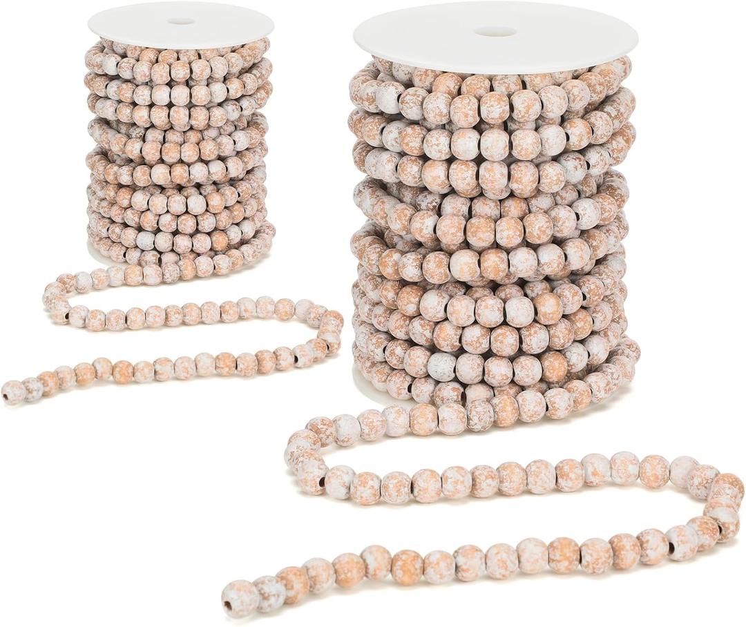 Giegxin 2 Pcs Wood Christmas Bead Garland 66 Feet in Total Rustic White Farmhouse Country Decor for Christmas Tree Tier Tray Wooden Wall Hanging Beaded Garland for Xmas Holiday Favors Supplies