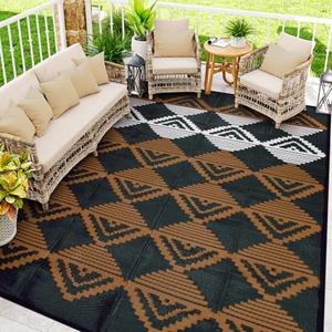 Beeiva Waterproof Outdoor Rug 9'x12', Reversible Plastic Straw Outdoor Camping Rugs, Modern Geometric Foldable Patio Mat for Porch, Deck, Backyard, Balcony, Picnic - Black & Brown