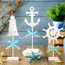 Seeloowy 3 Pcs Summer Nautical Wood Table Decor Anchor, Lighthouse, Ship Wheel Standing Centerpiece Rustic Coastal Farmhouse Beach Ocean Table Topper Sign for Home Kitchen Party