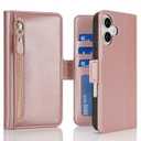 For iPhone 16 Plus Case Wallet with Card Holder Zipper for Women Men PU Leather Flip Folio Credit Card Slots Stand Shockproof Phone Cover(6.7")-Rose Gold