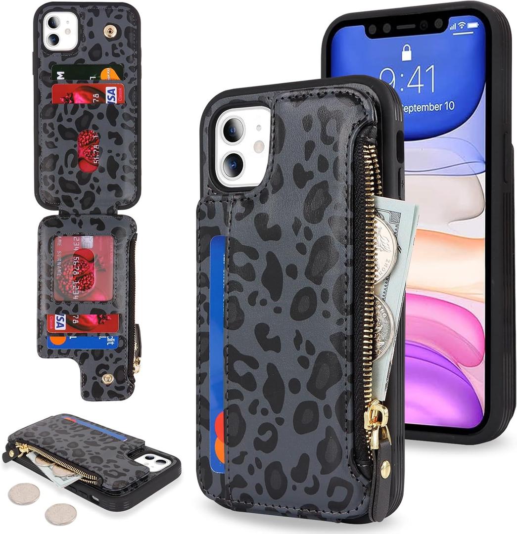 Cavor for iPhone 11 Case with Card Holder,for iPhone 11 Wallet Case for Women Men,Phone Case for iPhone 11 Case with Wallet,Leather Magnetic Clasp Zipper Pocket Cover-Leopard Black