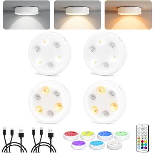 4-Pack Puck Lights with Remote, 1800mAh Rechargeable Under Cabinet Lighting, 3 Color Temps & 7 RGB Colors, Long-Lasting Dimmable Stick-On Lights for Cabinet, Kitchen, Shelf, Party (White)