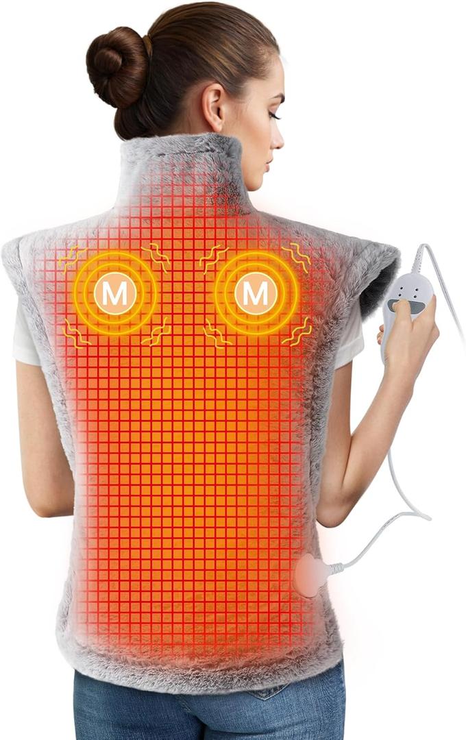 Massaging Heating Pad for Neck and Shoulders and Back, 24" x 35" Large Electric Heating Pad for Back Pain Relief with 3 Heat Levels, 4 Massage Settings, 2H Auto Shut-Off, 2 Massage Motors,Grey