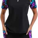 Halcurt Women's Two Piece Rash Guard Swim Shirts Built in Bra Swimsuit with Boyshorts with Pockets Medium