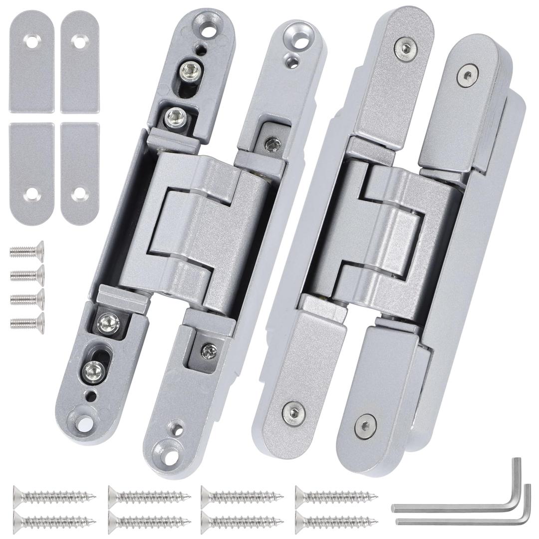 Hidden Door Hinges2 Pcs- 6 x 2 x 1.2 inch Silver Thin Invisible Hinges for Doors Zinc Alloy Concealed Hinge, 3 Way Adjustable Hinges, 180Swing Invisible Hinges for 28-45mm Door Thickness