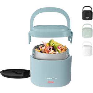 Nostalgia Portable Heated Lunch Box 2.5-Cup Stainless Steel Food Warmer Detachable Cord, Leak-Proof Lid, Carry Handle Portable for Work & Travel Chambray