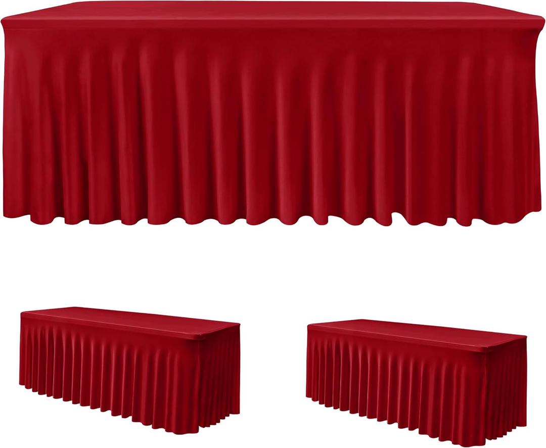 HolidayIdeas 2 Pack Red Spandex Table Skirt for 8 Ft Rectangle Tables, Fitted Stretch Tablecloth 30 x 96 Inch, Wrinkle Resistant Ruffle Design for Valentine's Day, Monther's Day, Trade Shows, Parties