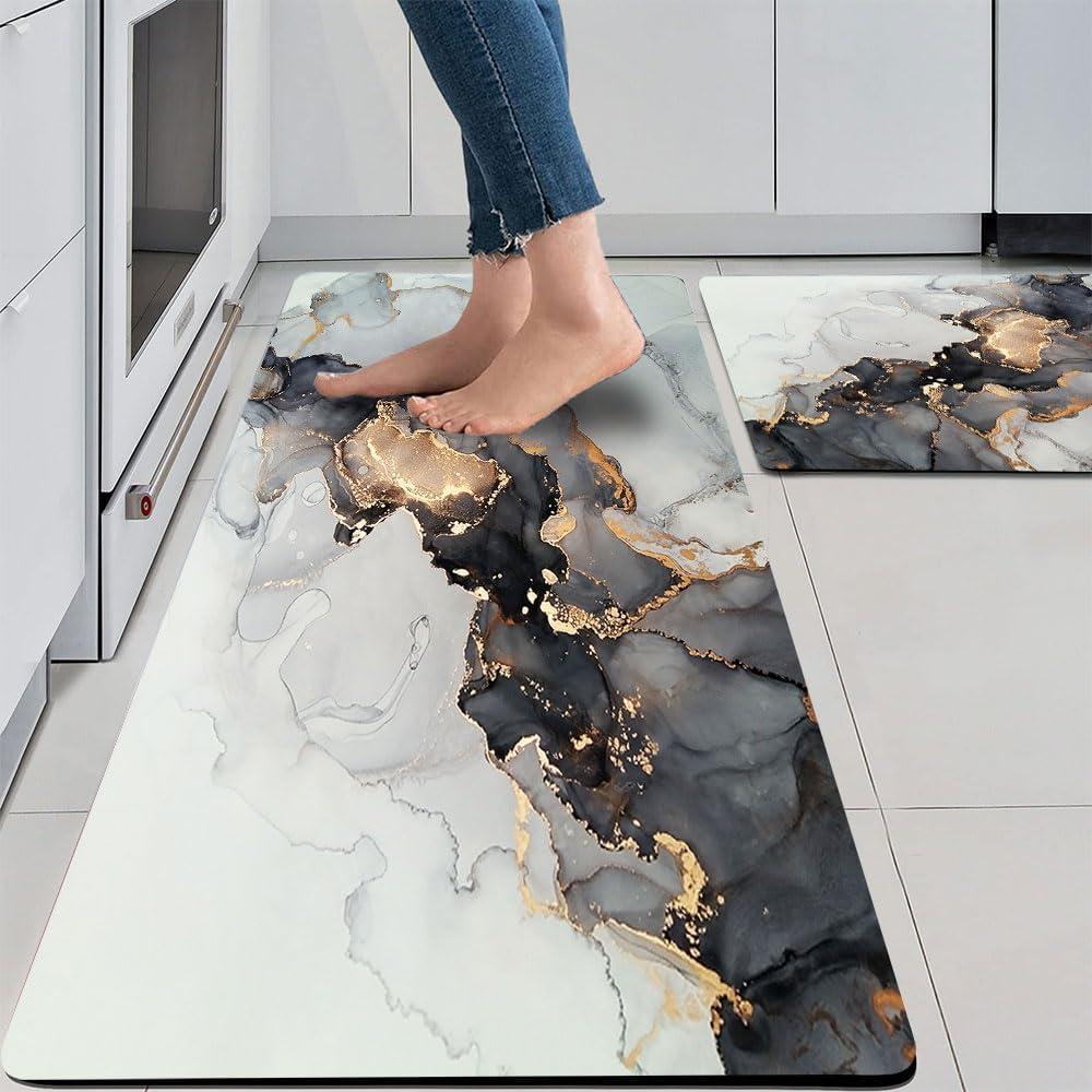 Mrcrypos 2 Pieces Luxury Black and Gold Marble Kitchen Mats PVC Leather Waterproof Non Slip Cushioned Standing Mats Anti Fatigue Kitchen Comfort Mats for Floor, Sink, Laundry, Office 17"x29"+17"x47"