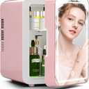 BOGDA Mini Skincare Fridge (4 Liter/6 Can) with Dimmable LED Light Mirror, Cooler and Warmer for Refrigerating Make Up, Skin Care and Food, Portable Mini Fridge for Bedroom, Office and Car, Pink