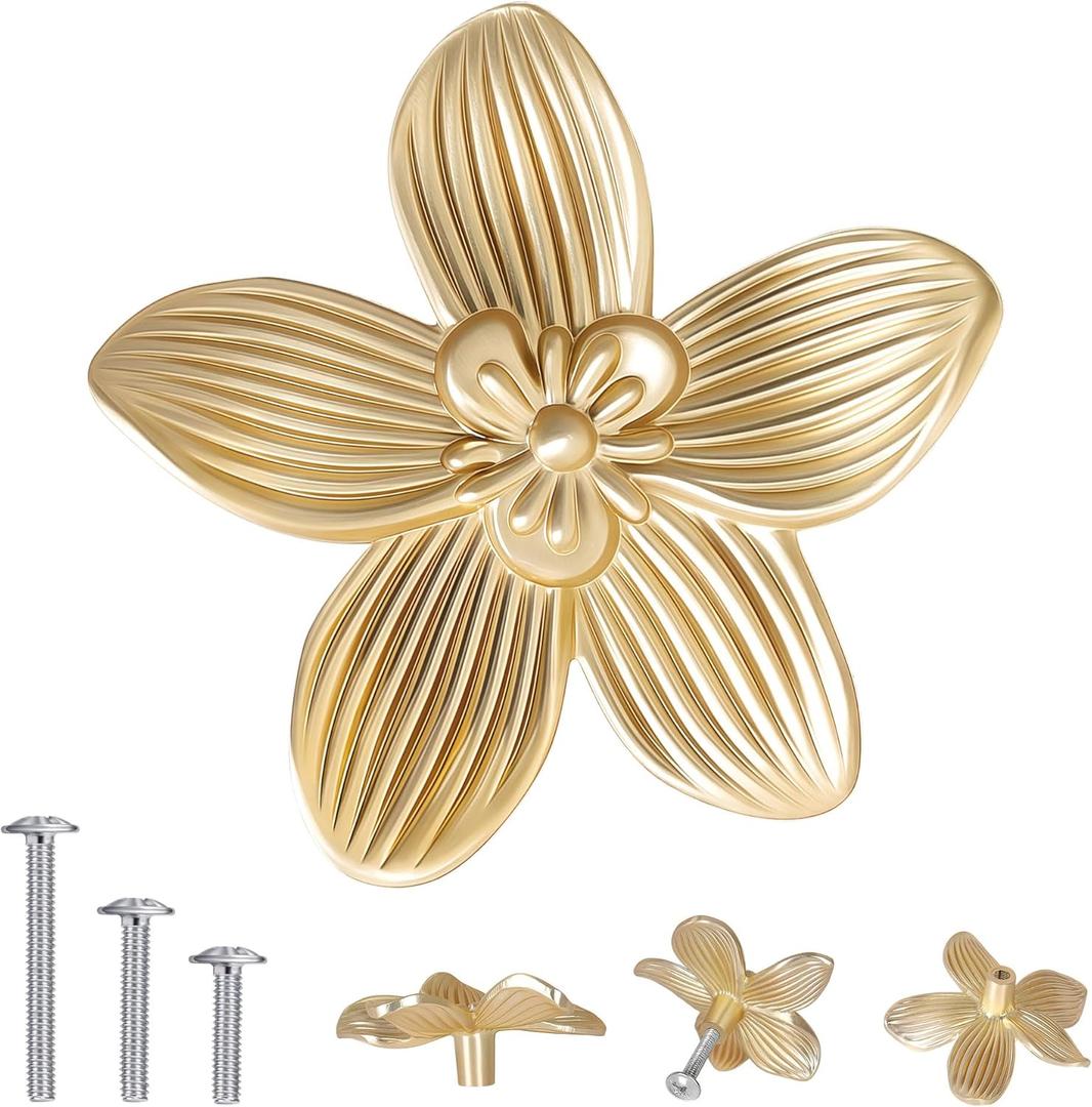 8 Pack 2.4 Inch Brushed Gold Flower Cabinet Knobs, Vintage Floral Drawer Pulls Decorative Dresser Handles for Furniture, Vanity, Closet, Bathroom Unique Antique Hardware