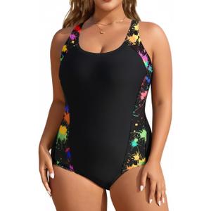 Aqua Eve Plus Size Swimsuits Athletic One Piece Bathing Suit for Women Tummy Control Slimming Swimwear (Colorful Black,18 PLus)