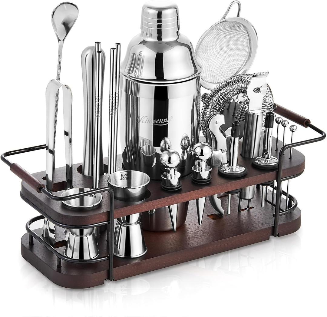 KITESSENSU Cocktail Shaker Set Bartender Kit with Stand | Complete 24-Piece Bar Set Cocktail Kit with All Bar Accessories: Martini Shaker, Jigger, Muddler | Drink Mixer Set for Home Bar Cocktails (Silver)