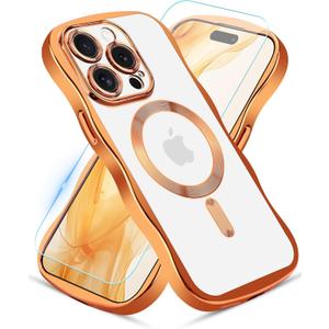 Jusy Compatible with MagSafe Phone Case with Screen Protector for iPhone 14 Pro, Cute Curly Wavy Magnetic Metal Glossy Soft Shockproof Clear Phone Cover - Orange