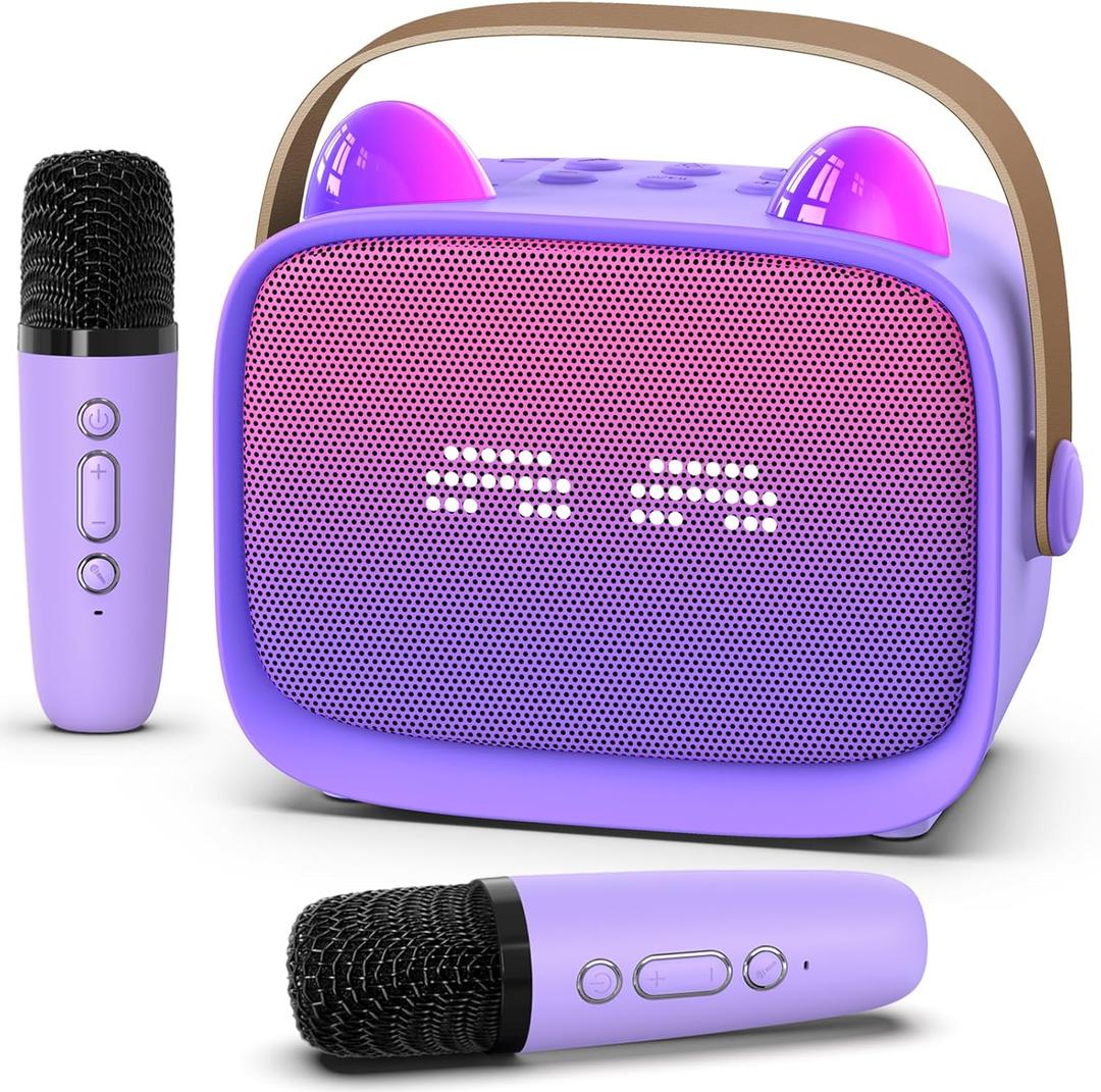 Mini Karaoke Machine Toys Gifts, Kids Portable MP3 Player with 2 Wireless Microphone and LED, Christmas Birthday Gifts for Girls Boys 3 4 5 6 7 8+ Year Old (Purple)