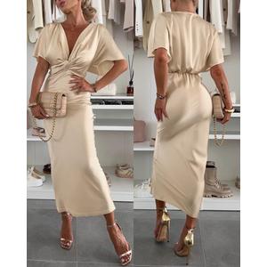 Womens Plunge Twist Dress Batwing Sleeve Midi Casual Dress for Daily Date Party Cocktail Outings (Large, Khaki)