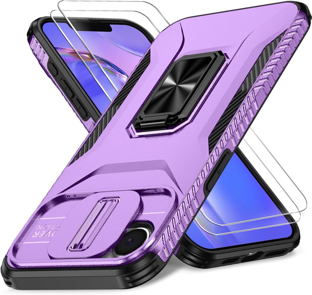 Case for iPhone 16e/17e with Slide Camera Cover+HD Screen Protector(2 Packs), Military Grade Shockproof Protective Cover, Rotated Ring Kickstand(A - Violet)