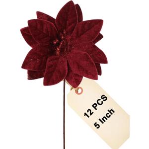 vensovo 5 Inch Red Christmas Poinsettia Flowers for Tree - 12PCS Deep Red Christmas Tree & Wreath Floral Decorations for Holiday DIY, Gift Wrap & Home Decor