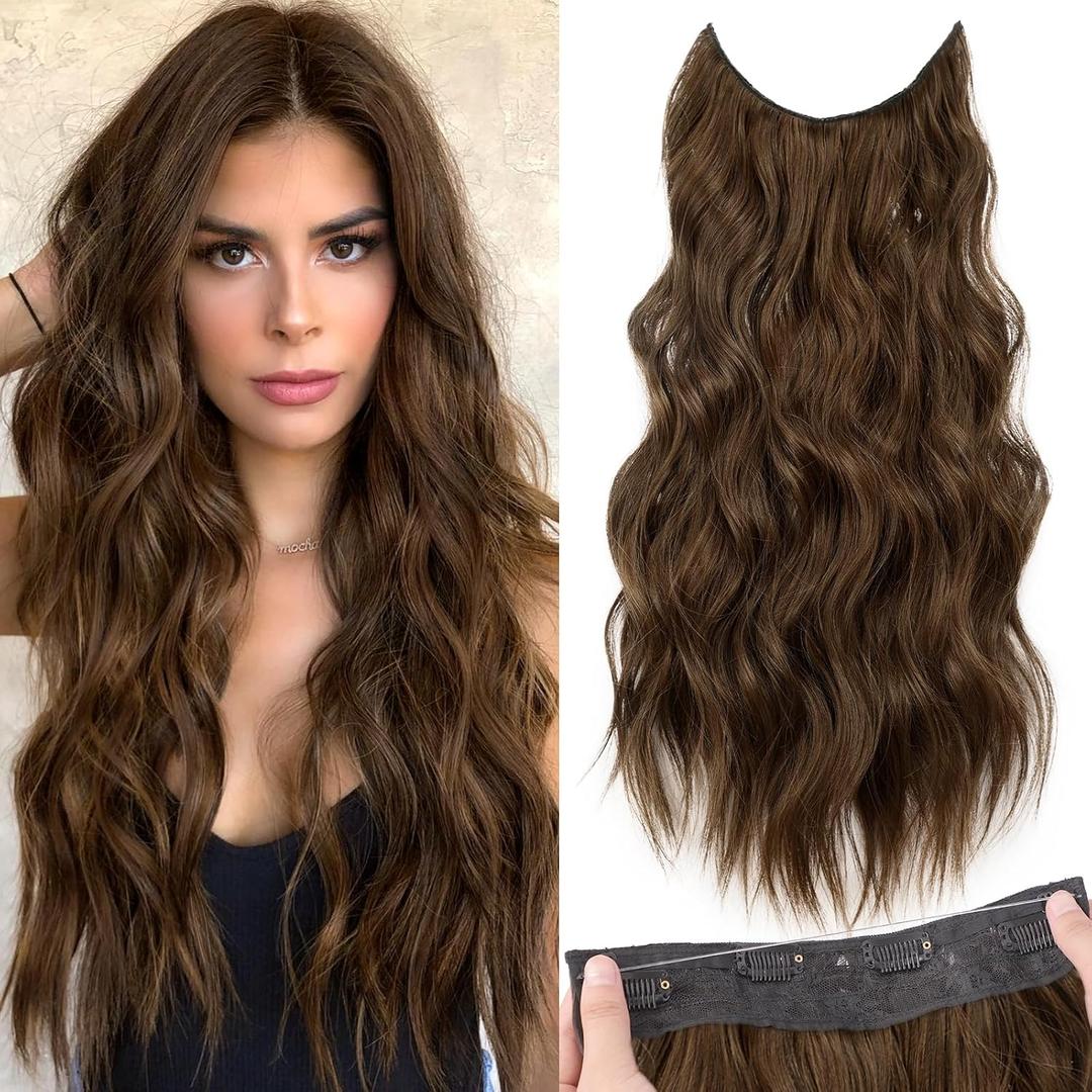 KooKaStyle Invisible Wire Hair Extensions with Transparent Wire Adjustable Size Long Wavy Synthetic Hairpiece Rich Medium Brown 20 Inch with 4 Secure Clips for Women