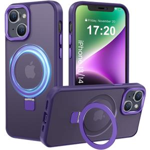 Compatible with iPhone 13/14 Case with Magnetic Ring Stand, Military Drop Protection, Anti-Scratch/Anti-Fingerprint Translucent Matte Phone Case for iPhone 13/14 (Purple)