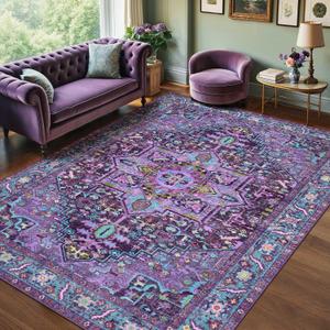 Kokia 8x10 Washable Area Rugs Violet Purple with Vintage Orient Design Soft Rug for Living Room or Bedroom Non-Slip Low Pile Stain Resistance Features Distressed Medallion Pattern