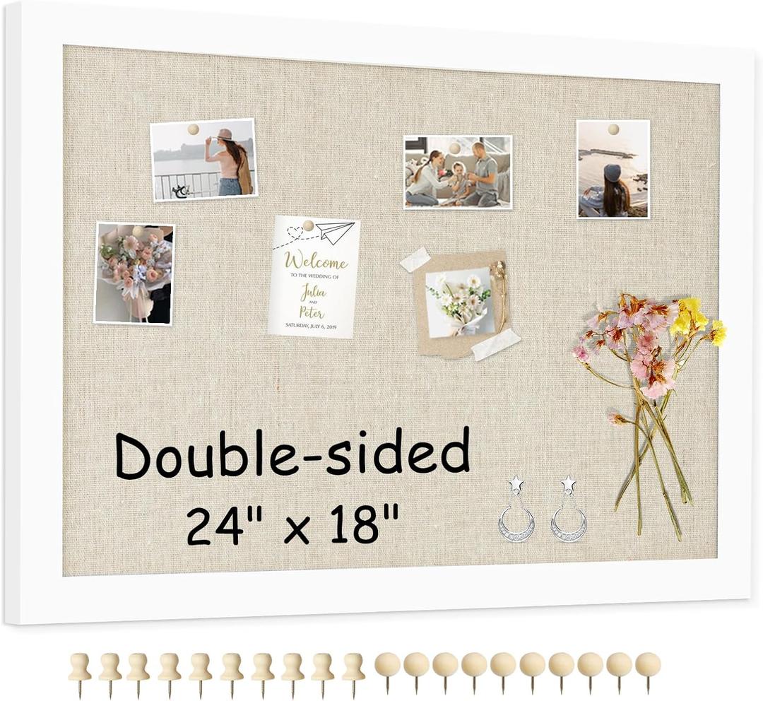 Double-Sided Large Cork Board with Linen, 24" x 18" Hanging Wood Framed Bulletin Board, Picture Display Vision Board Corkboards for Wall Room School Office Decor, 20 Pushpins, 1pack (Cork+Beige - 1pcs)
