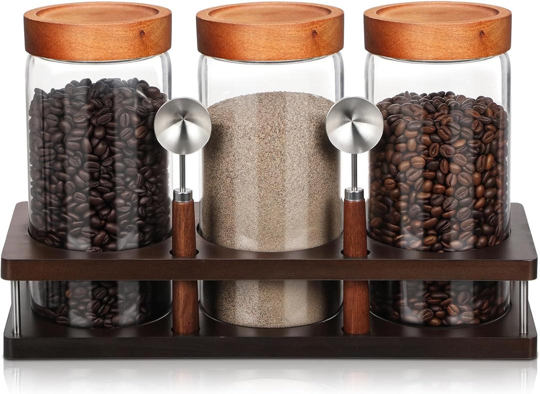 Suclain 3 Pcs Glass Coffee Bean Container 44 oz Airtight Coffee Canister with Shelf and Measuring Spoon Kitchen Food Canister Jar for Sugar Candy (Vintage Style)
