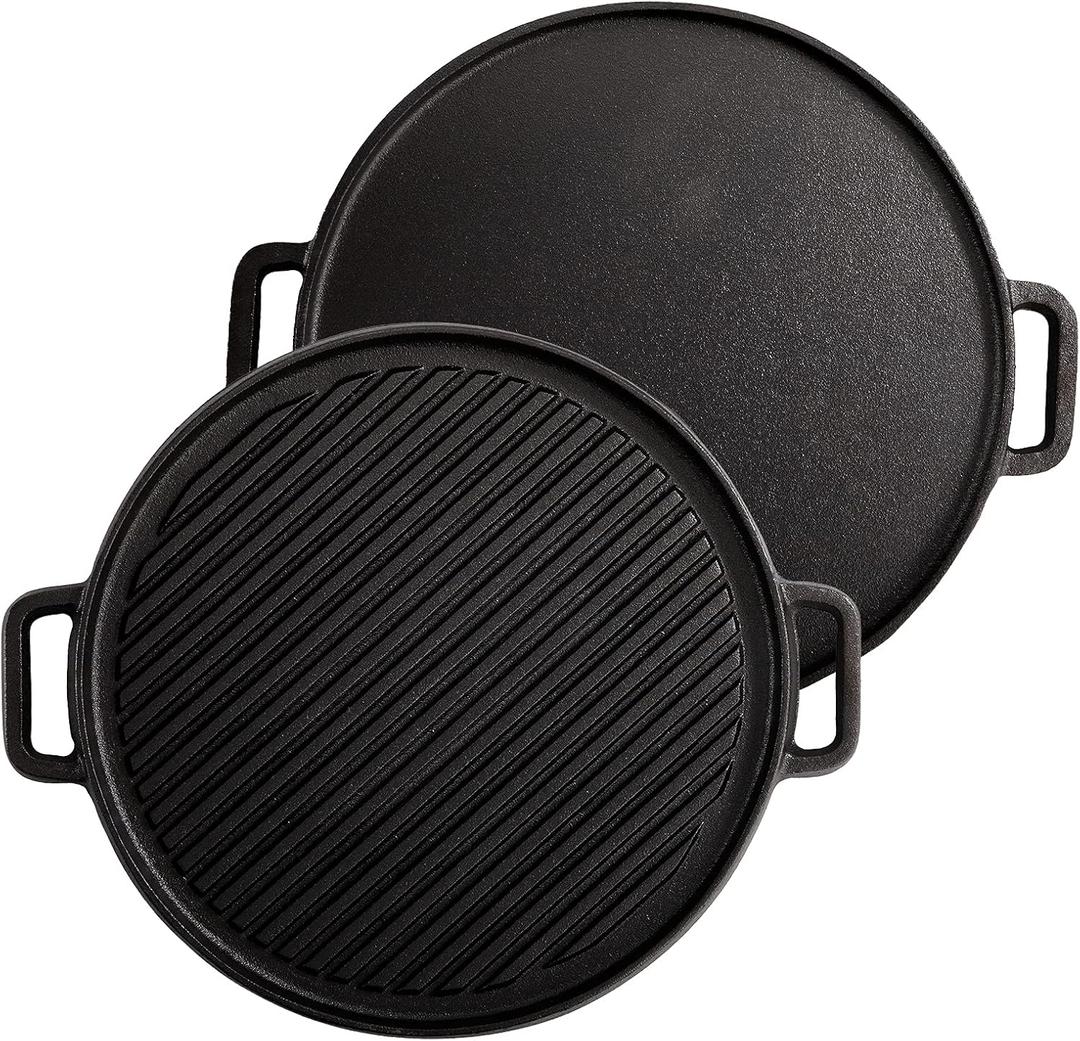 Lawei 12 Inch Cast Iron Griddles, 2-in-1 Reversible Grill/Griddle with Handle, Reversible Grill Plate Skillet for Stovetop, Gas Range, Electric Stovetop, Grill Open Fire