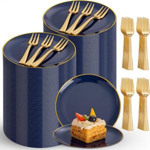 Festiva 400Pcs Navy Blue Gold Dessert Plates 6.3" with Forks 5"- 200PCS Small Disposable Dessert/Cake/Appetizer Plates and 200PCS Forks - Serve 200 Guests for Party&Birthday&Passover