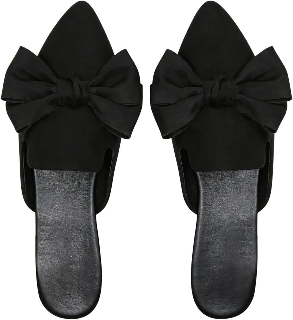 Verdusa Mules for Women Bow Dressy Pointed Toe Flat Shoes Backless Loafers Slide Sandals Casual Slides Work Shoes (Black)42