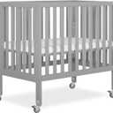 Dream On Me Jett Mini Folding Baby Crib in Pebble Grey, GreenGuard Gold & BSA, Lightweight & Portable, Patented Flat Folding System, Small Spaces & Travel, 1.5 Mattress Pad, 3 Heights, Safe Wheels