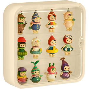 Clear Display Case for Figures, Wall-Mounted Doll Storage Box, Adjustable Display Stand with Door Dust and Moisture Proof Suitable for Lego Collectibles Action Figures Pop Mart (Cream)