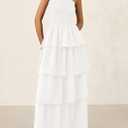 PRETTYGARDEN Women's Maxi Dress 2025 Summer Off Shoulder Smocked Tiered Ruffle Long Flowy Dresses Casual Beach Sundress (White,Large) (White, L)