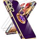 LeYi for Samsung Galaxy A16-5G Case: 2 Pack Tempered Glass Screen Protector and 360° Rotatable Ring Holder Magnetic Kickstand, Plating Rose Gold Edge para Case, Deep Purple