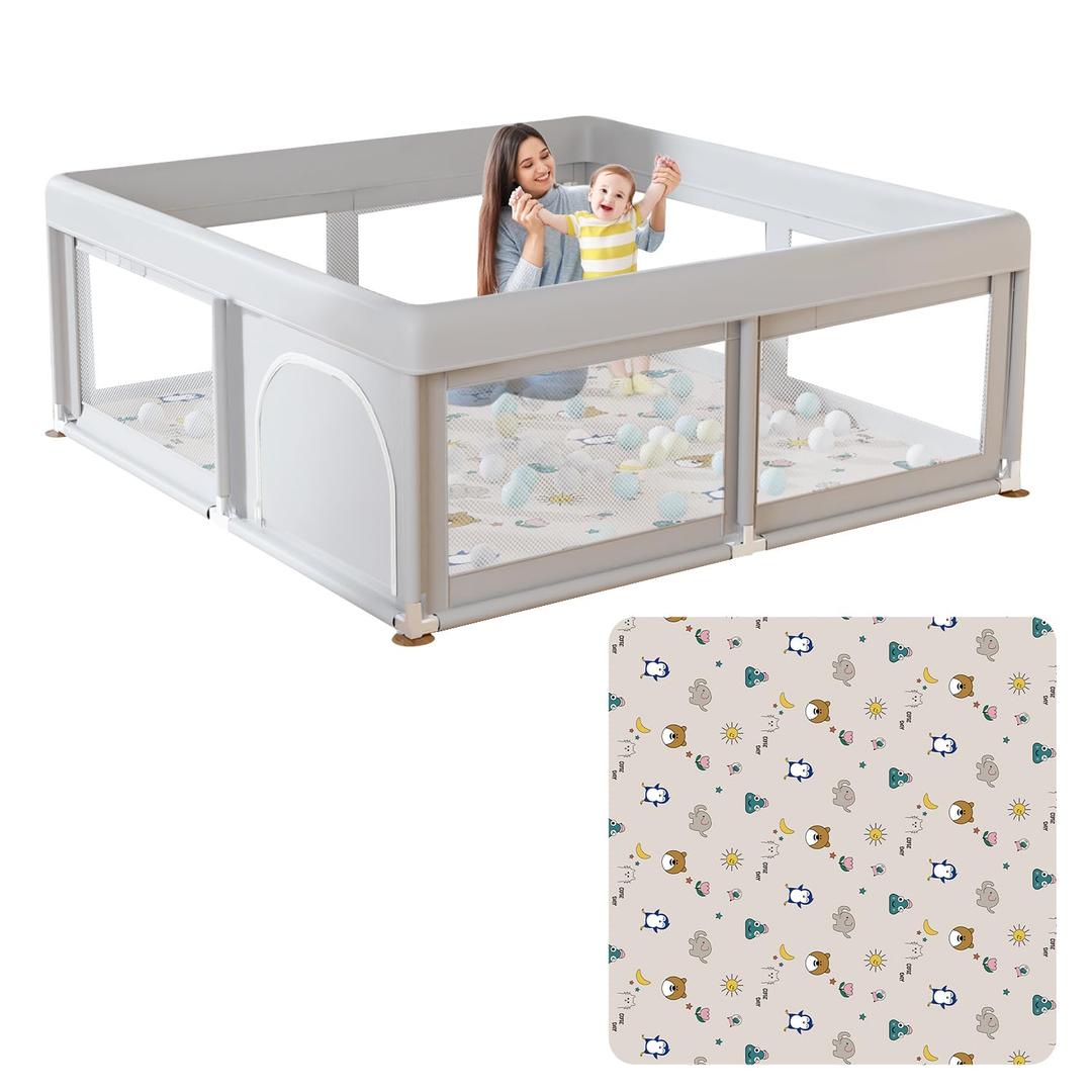 Baby Playpen with Mat Small Playpen for Babies and Toddlers 50 x 50 inch Baby Fence Playards (50"X50" + Mat 1, light grey)