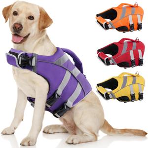 Kuoser Dog Life Jacket with Reflective Stripes, Adjustable High Visibility Doggie Water Vest Ripstop Puppy Lifesaver Pet Life Preserver for Small Medium and Large Dogs Puple XL