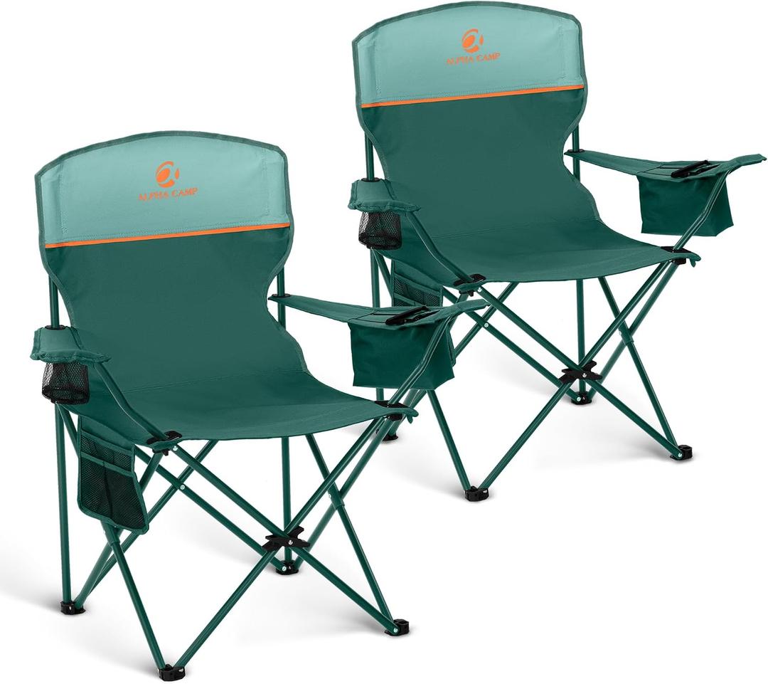 LET'S CAMP Camping Chair 2 Pack Folding Chair with 4-Can Cooler Bag Portable Lawn Chair with Cup Holder,Storage Pocket, Supports 350LBS, Collapsible Chair for Camp, Beach, Picnic (Green)