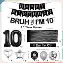 10th Birthday Decorations Balloons Boys - 28 Pcs Black Glitter Bruh I'M 10 Banner Garland Sash Foil Fringe Curtain Star Heart Number Balloons Decor For Teen 10 Year Old Bday Party Supplies