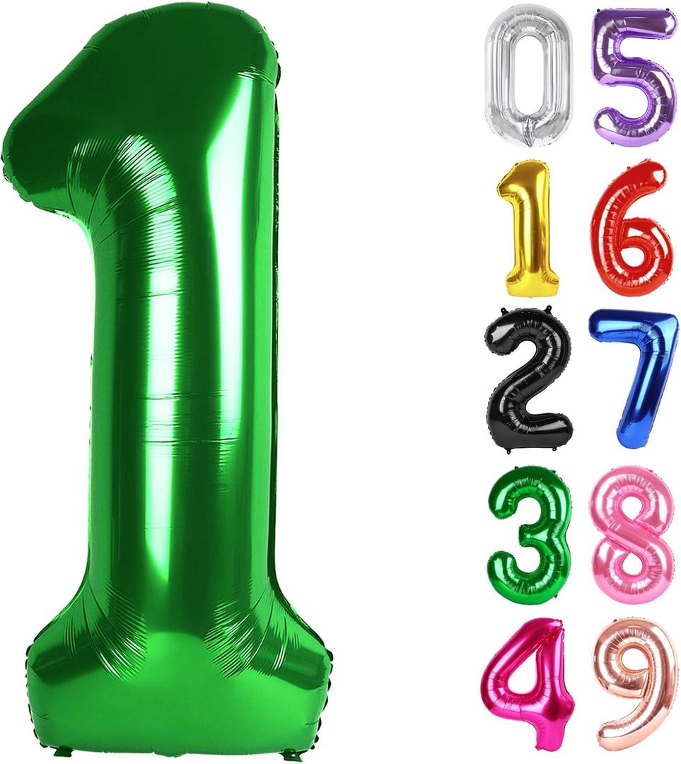 Dark Green Number 1 Balloon 40 Inch, 1st Birthday Balloon for Baby Boy Girl Toddler First Birthday Decorations, Shiny Dark Green Party Supplies