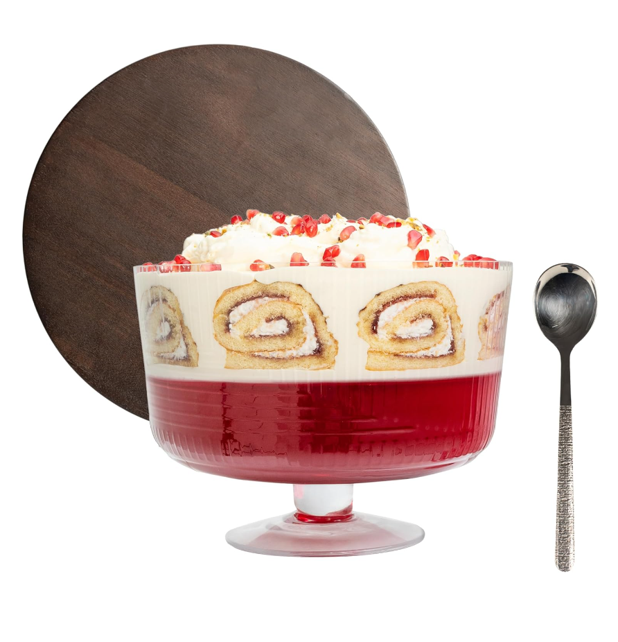 Large Trifle Bowl with Lid (120oz) - Stainless Steel Silver Serving Spoon & Acacia Wood Lid - Trifle Bowl Glass, Glass with Pedestal - Truffle Dish for Layered Desserts, Fruits, Salads, Punch