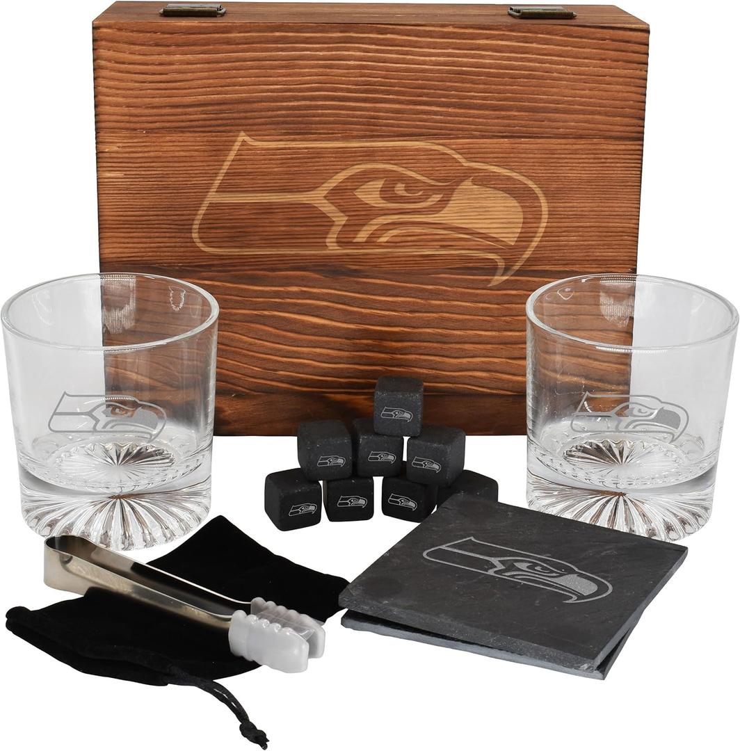 The Memory Company Licensed NFL Wood Boxed Drinkware Gift Set - Includes 2 Premium Rock Glasses, Cooling Cubes, Tongs, and Coasters, Seattle Seahawks