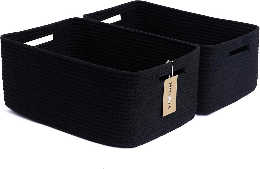 MiniArk Large Storage Baskets for Shelves, Closet Organizers Bins for Clothes Blanket Towels, Baby Nursery, Toy Baskets Box, Woven Rope Baskets, 17 x 13 x 7.5, 2 Packs Black
