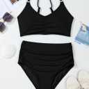 Herseas Women's Loop Straps Bikini Sets 2 Piece Shine Ribbed Swimsuits Ruched High Waisted Bathing Suits (Black, XS)