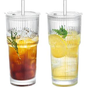 Puraville 2 Pack 20oz Glass Cups with Lids and Straws, Vintage Ribbed Glassware for Whiskey Cocktail Beer, Mason Jar Drinking Glasses Tumbler Iced Coffee Cup