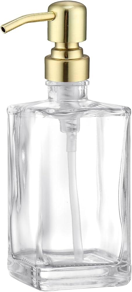 13.5 Oz Clear Glass Soap Dispenser with Rust Proof Stainless Steel Pump, Antique Design Refillable Square Lotion Dispenser for Bathroom, Premium Kitchen Hand Soap