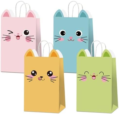 ZOIIWA 24 Pcs Cat Gift Bag with Handles Cat Party Favors Cartoon Doll Birthday Decorations Cute Kitten Goodie Paper Bags for Kids Boys Girls Baby Shower Adopt a Pet Party Favors
