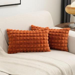 FUTEI Burnt Orange Decorative Throw Pillow Covers 10x20 Inch Set of 2, Rectangle Lumbar Pillowcase,Fluffy Faux Rabbit Fur Plaid & Soft Velvet Back, Modern Home Decor for Couch,Bed