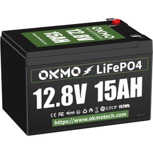OKMO 12V 15Ah LiFePO4 Lithium Battery, 4000+ Deep Cycles rechargeable Battery with LTCP, 10-Year , for UPS, Kayak Fish Finder, Solar Panel, Power Wheels Toys, Scooter, Radio (2 packs)