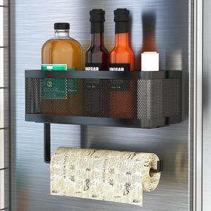 Strong Magnetic Spice Rack for Refrigerator with Paper Towel Holder - 2-in-1 Fridge Organizer Basket, Holds Jars & Rolls, No Drill Mount (Black, Large)