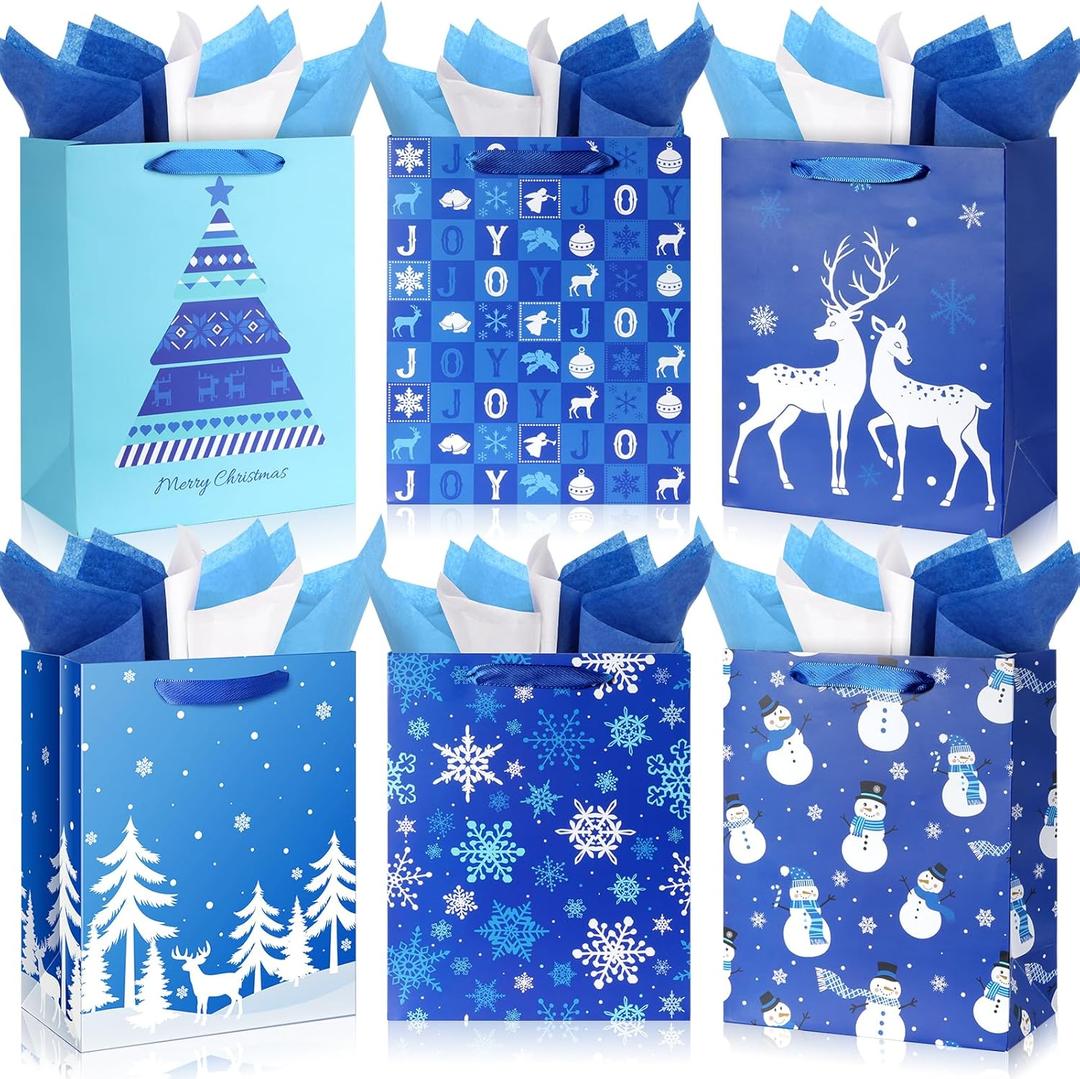 12 Large Christmas Gift Bags with 12 Tissue Paper, Bulk Winter Holiday Blue Gift Bags with Handles, 6 Styles Xmas Paper Treat Bags for Christmas Winter Holiday Presents Party Favors, 5.1x10x12.6 Inch